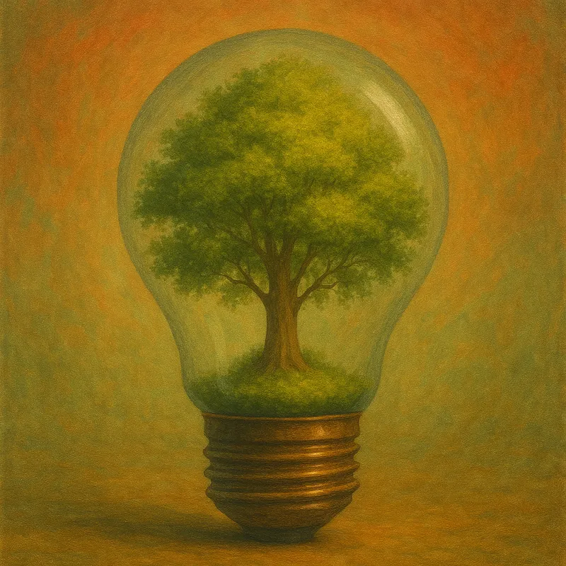 Bombilla LED con un árbol en su interior simbolizando eficiencia y sostenibilidad