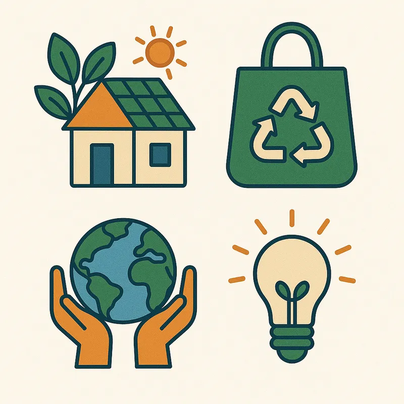 Casa eficiente, planeta y bombilla como símbolo de ahorro energético en comercios