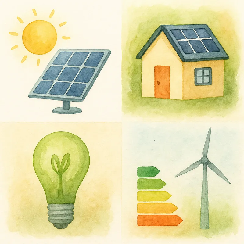 Iluminación eficiente con panel solar, casa y bombilla LED para comercios